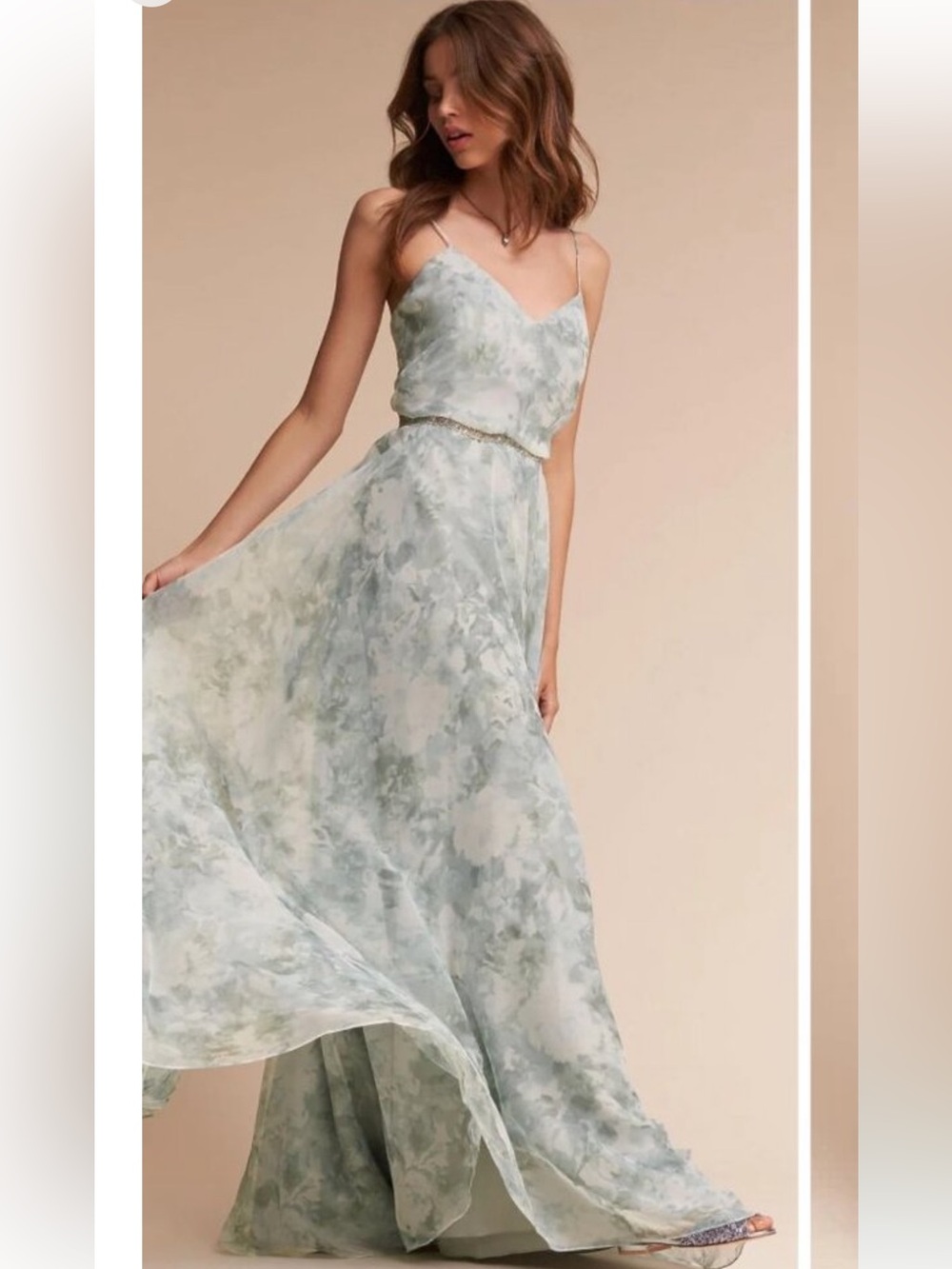 JENNY YOO Soft Sage Green Floral Chiffon Spaghetti Strap Maxi Dress